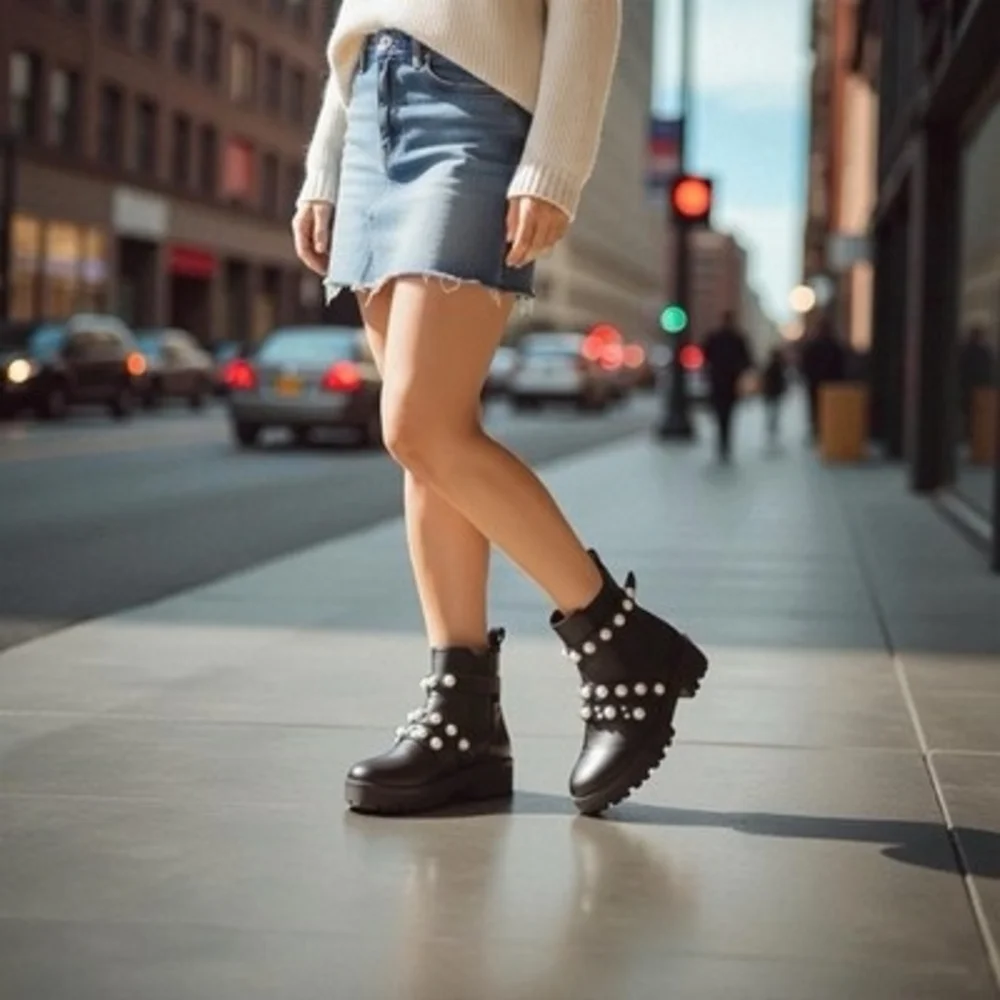 Black Leatherette Pearl Stud Platform Combat Boots Women's Size 7.5 Good Plus